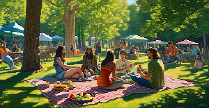 A diverse group of people having a cheerful picnic in a sunny park, surrounded by cannabis products and enjoying each other's company.