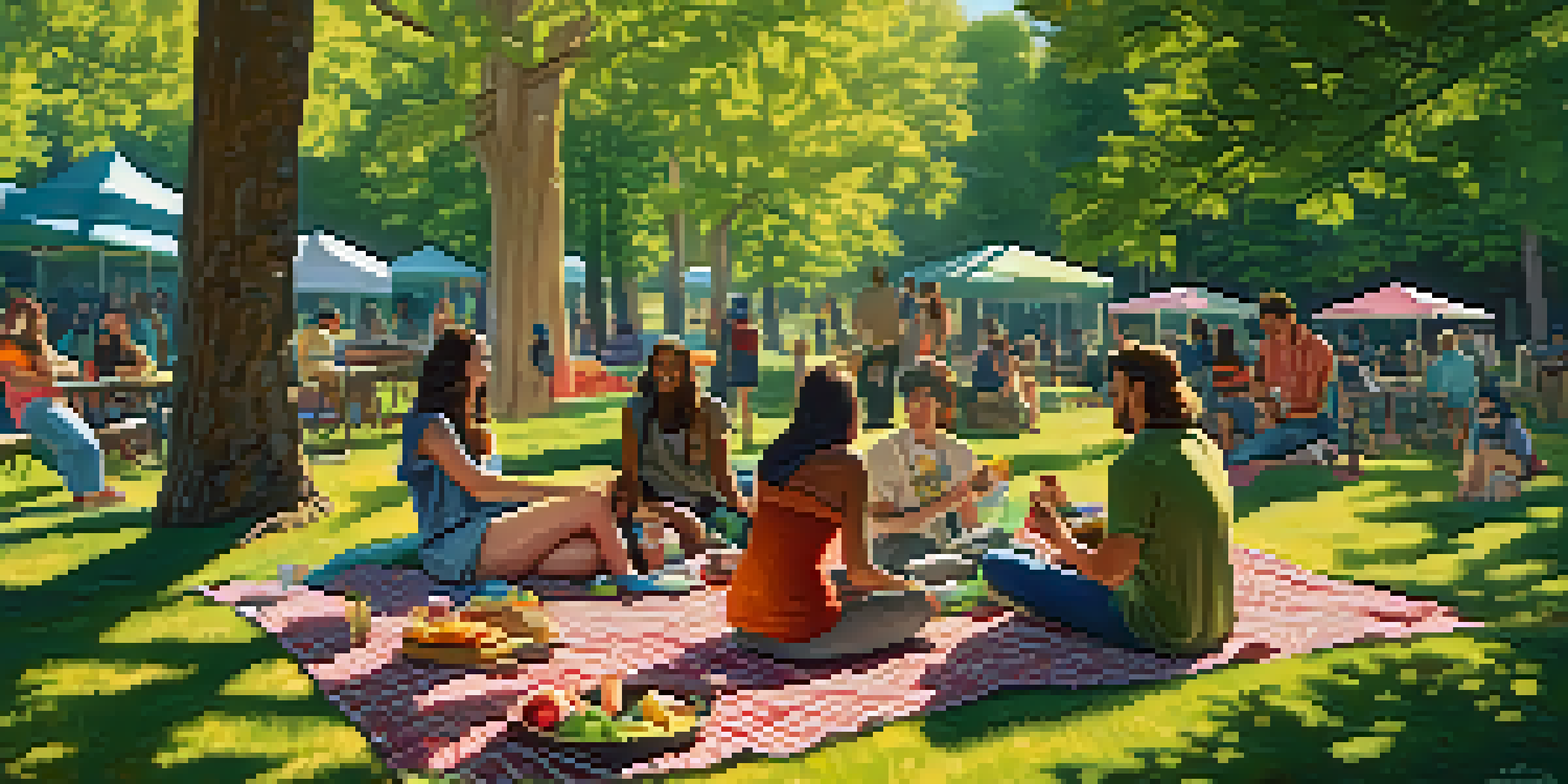 A diverse group of people having a cheerful picnic in a sunny park, surrounded by cannabis products and enjoying each other's company.