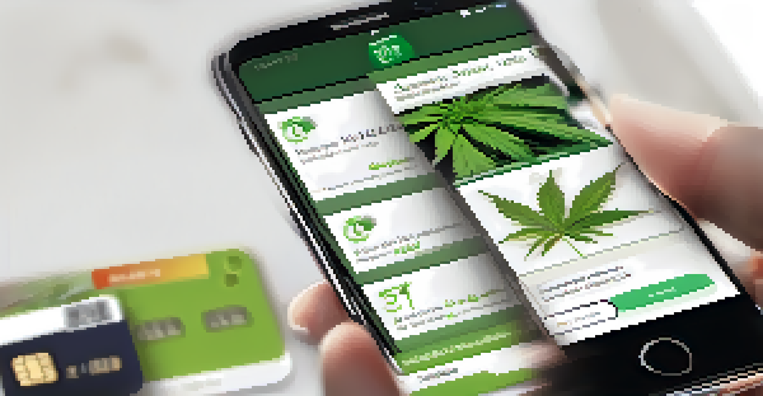A smartphone displaying a marijuana dispensary's mobile app with product images and descriptions, set against a softly blurred background.