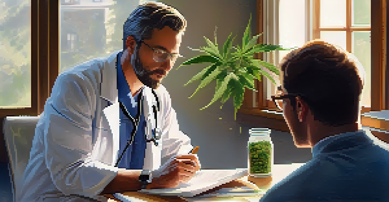 A healthcare professional discussing marijuana benefits with a patient in a cozy office, showcasing an engaging conversation.