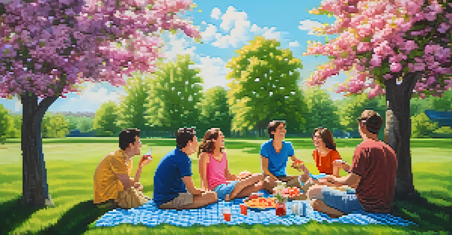 A group of friends having a picnic in the park, surrounded by green trees and flowers on a sunny day.