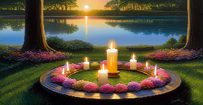 A peaceful outdoor ritual space with flowers, candles, and crystals, illuminated by sunset light.