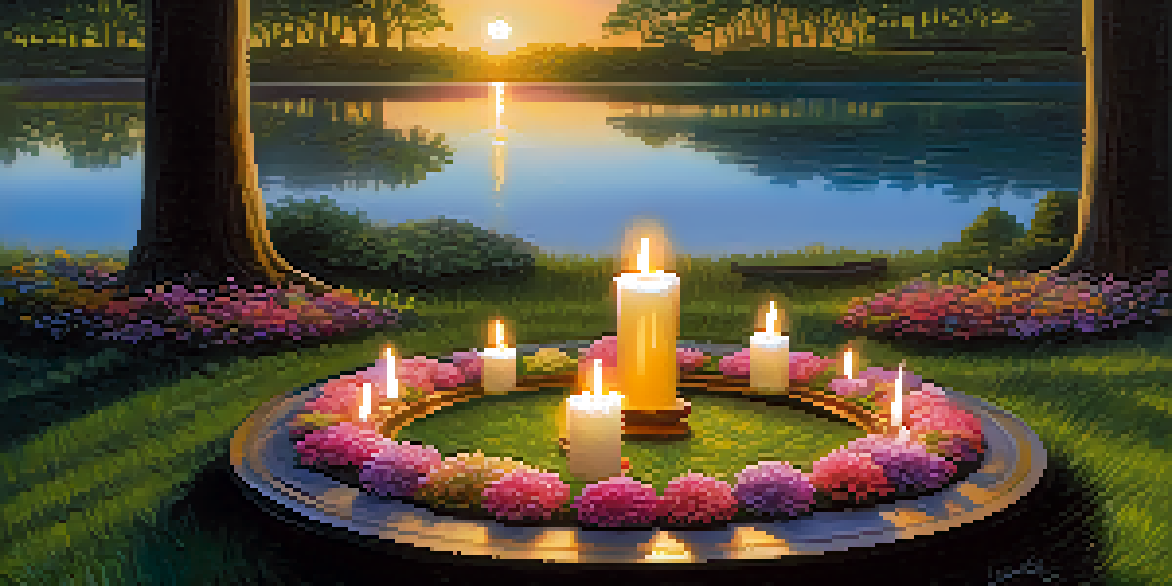 A peaceful outdoor ritual space with flowers, candles, and crystals, illuminated by sunset light.
