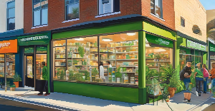 A busy cannabis dispensary in California with diverse customers and colorful products on display.