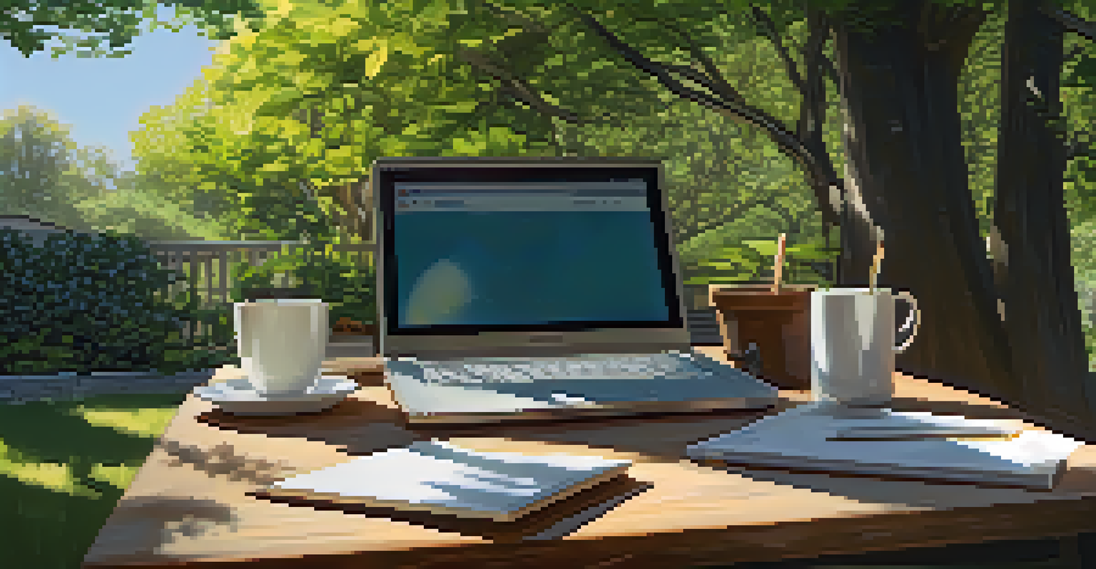 An outdoor workspace in a garden with a wooden table, laptop, notebooks, and a cup of tea, illuminated by sunlight filtering through trees.