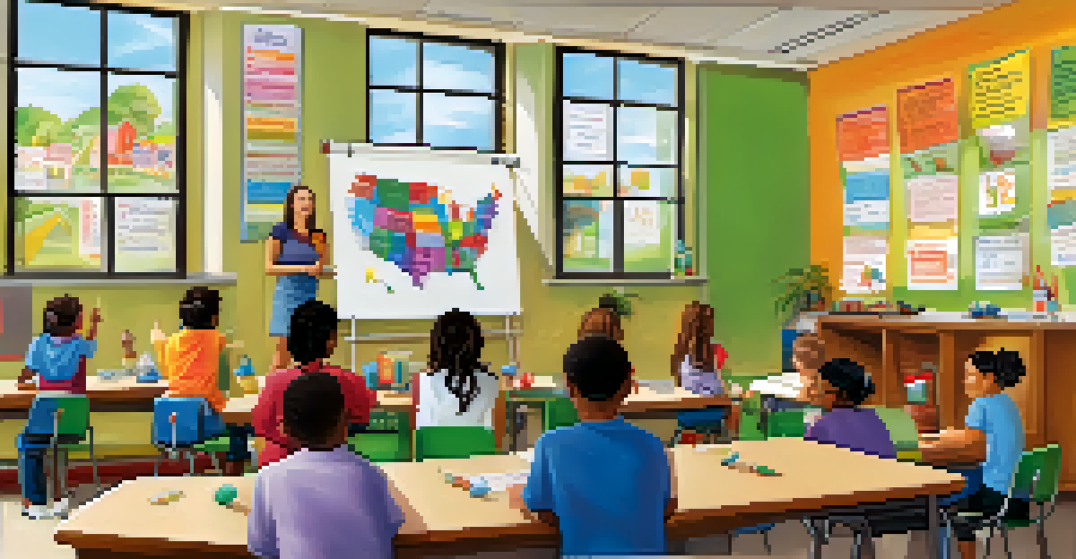 A teacher leading a workshop on substance abuse prevention with engaged students in a colorful classroom.
