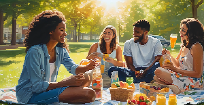 A group of diverse friends having a picnic in a vibrant park on a sunny day, with greenery and flowers around them.