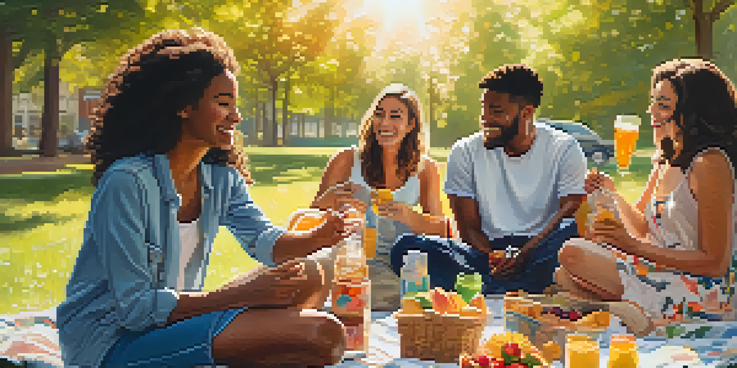 A group of diverse friends having a picnic in a vibrant park on a sunny day, with greenery and flowers around them.