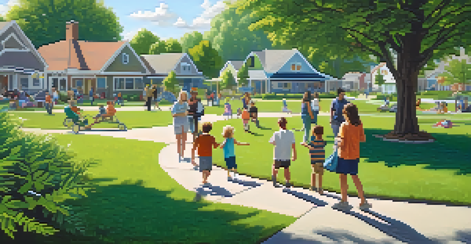 A neighborhood park with families enjoying a sunny day and individuals discussing cannabis use benefits with a community center in the background.