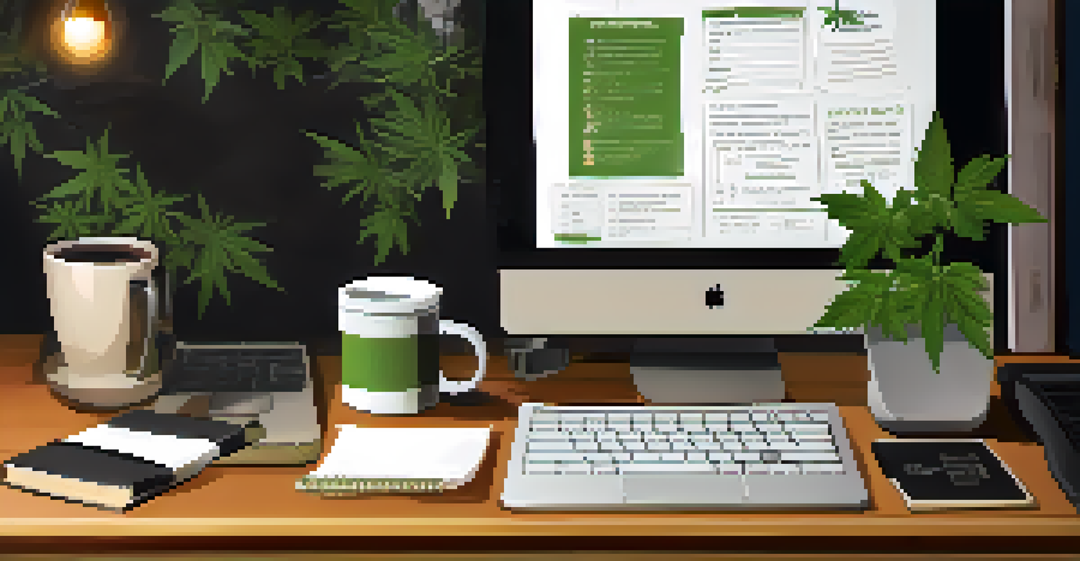 A workspace with a cannabis business plan, laptop, coffee cup, and notes on a wooden desk with warm lighting.