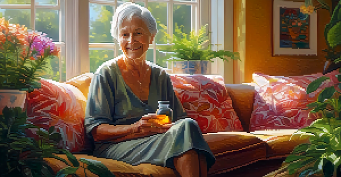 An elderly woman sitting on a couch in a sunny room, holding a bottle of CBD oil, surrounded by plants, looking relaxed and content.