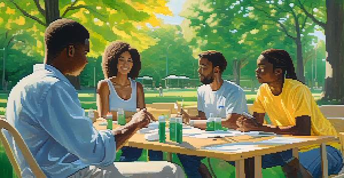 A community harm reduction workshop in a sunny park with diverse individuals engaging and sharing educational materials about safe substance use.