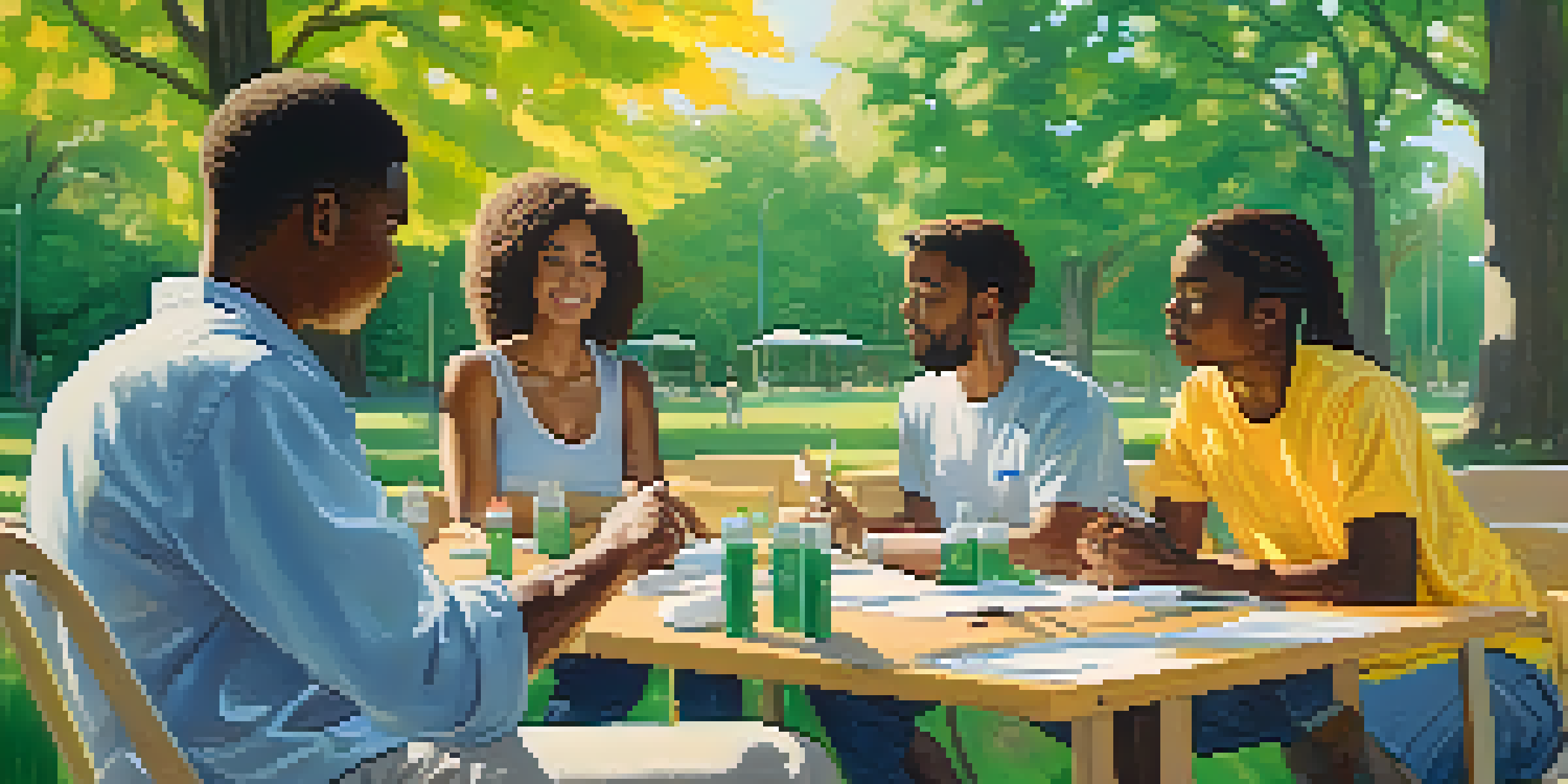 A community harm reduction workshop in a sunny park with diverse individuals engaging and sharing educational materials about safe substance use.