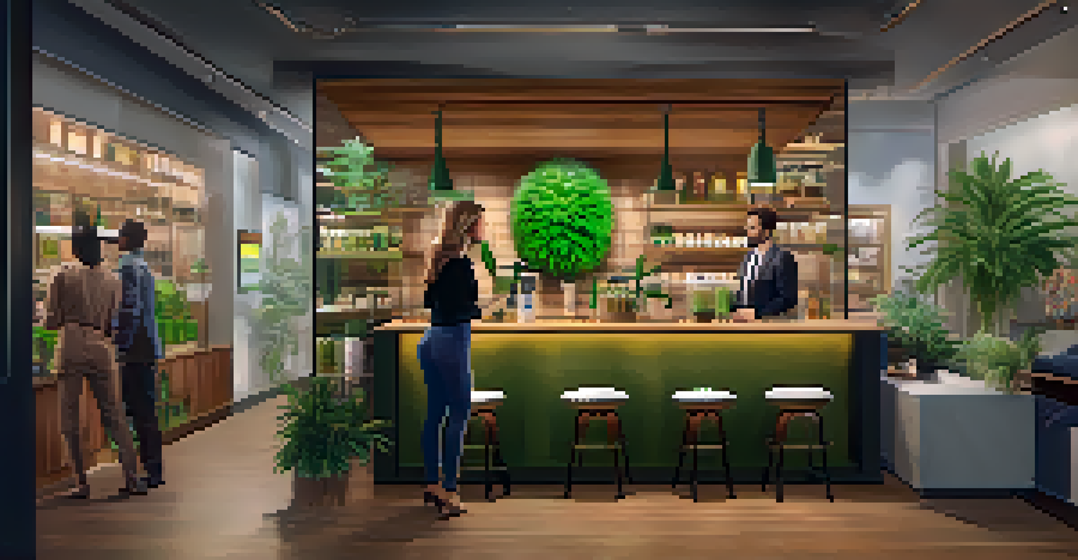 A male ally standing beside a female entrepreneur in a modern cannabis dispensary, showcasing products.