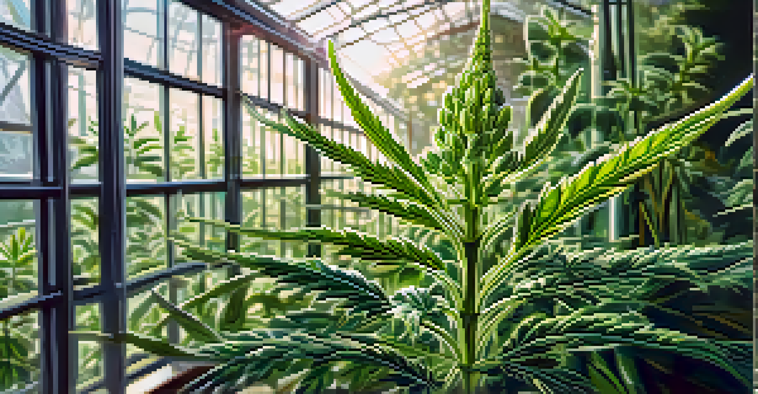 A close-up of a thriving cannabis plant in a greenhouse with sunlight filtering through glass.