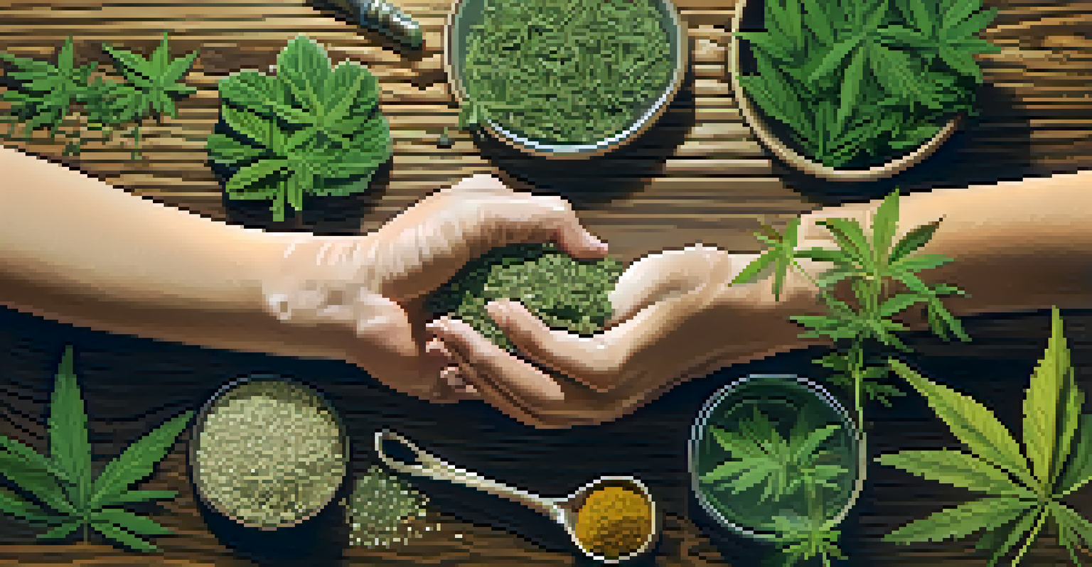Close-up of hands mixing traditional herbal remedies on a wooden table, highlighting the textures of the herbs.