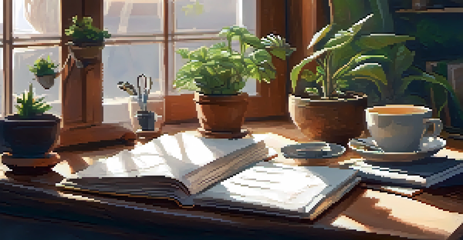 A warm and cozy writing nook featuring a wooden desk filled with books, papers, and a cup of tea, illuminated by soft evening light.