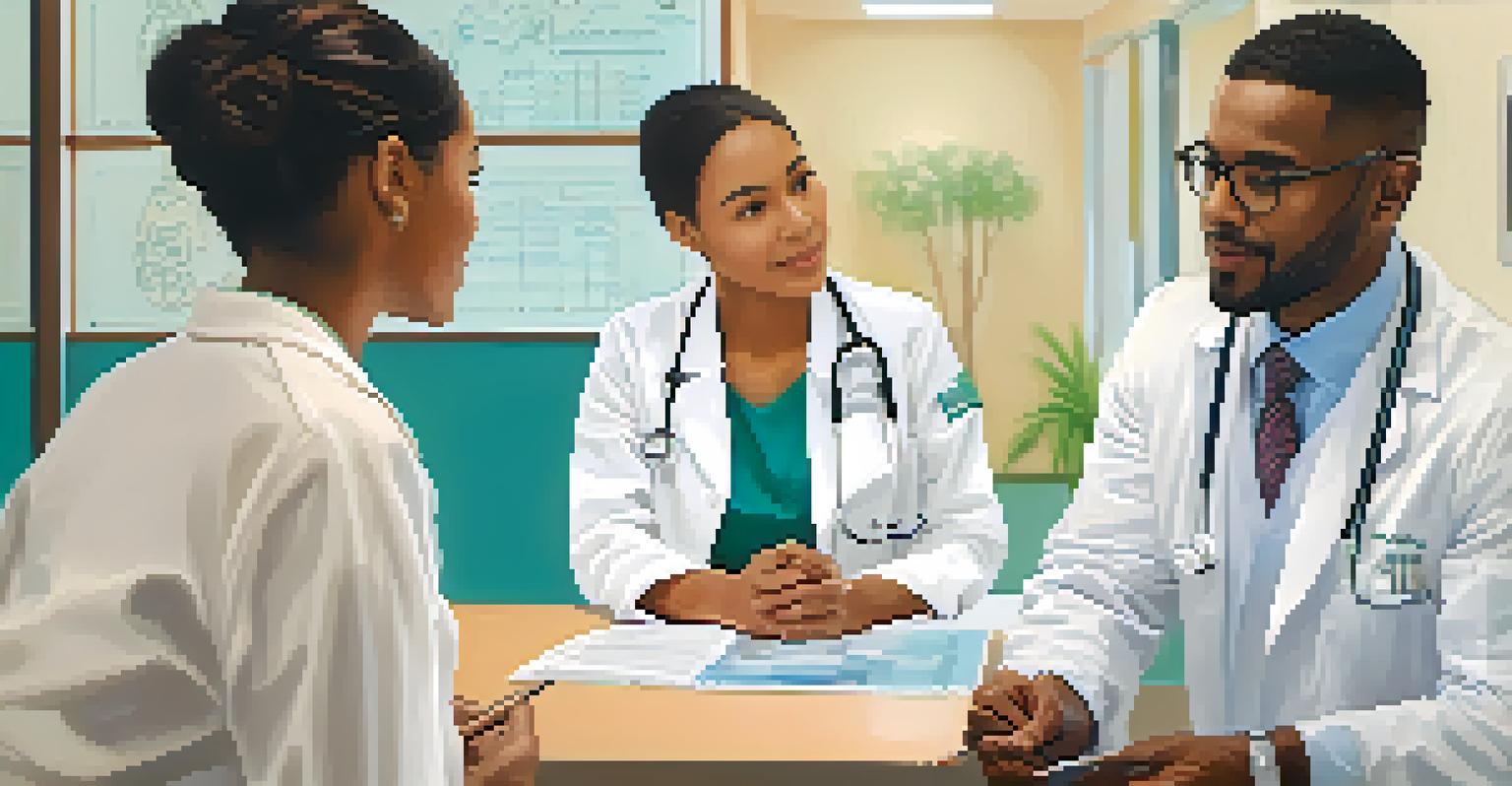 A diverse healthcare professional talking to a patient in a bright and welcoming clinic environment.