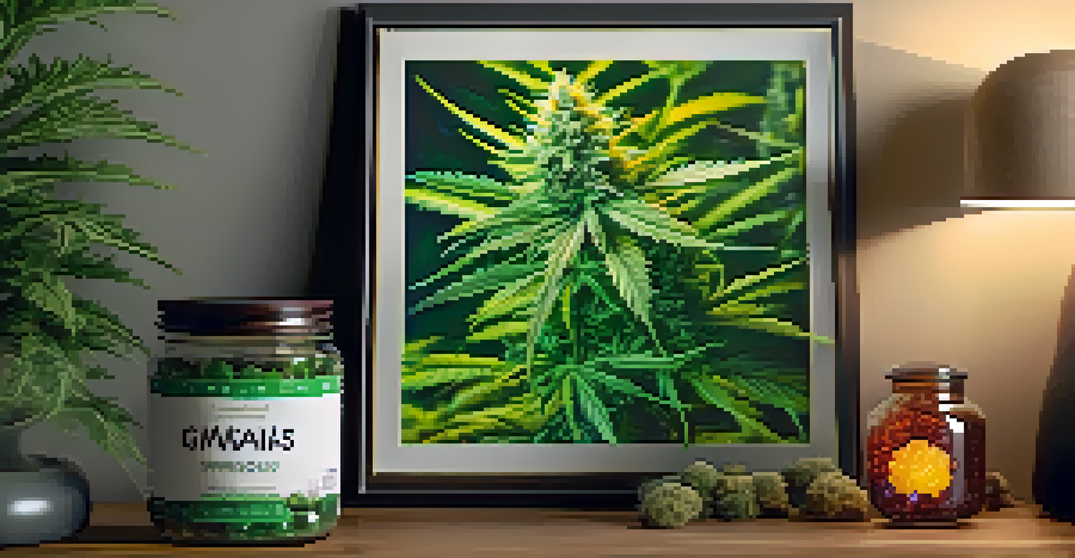 A close-up of a cannabis plant with THC gummies in a cozy living room.