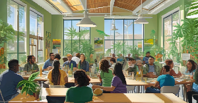 A diverse group of people participating in a marijuana education workshop in a bright community center, surrounded by informative materials and plants.