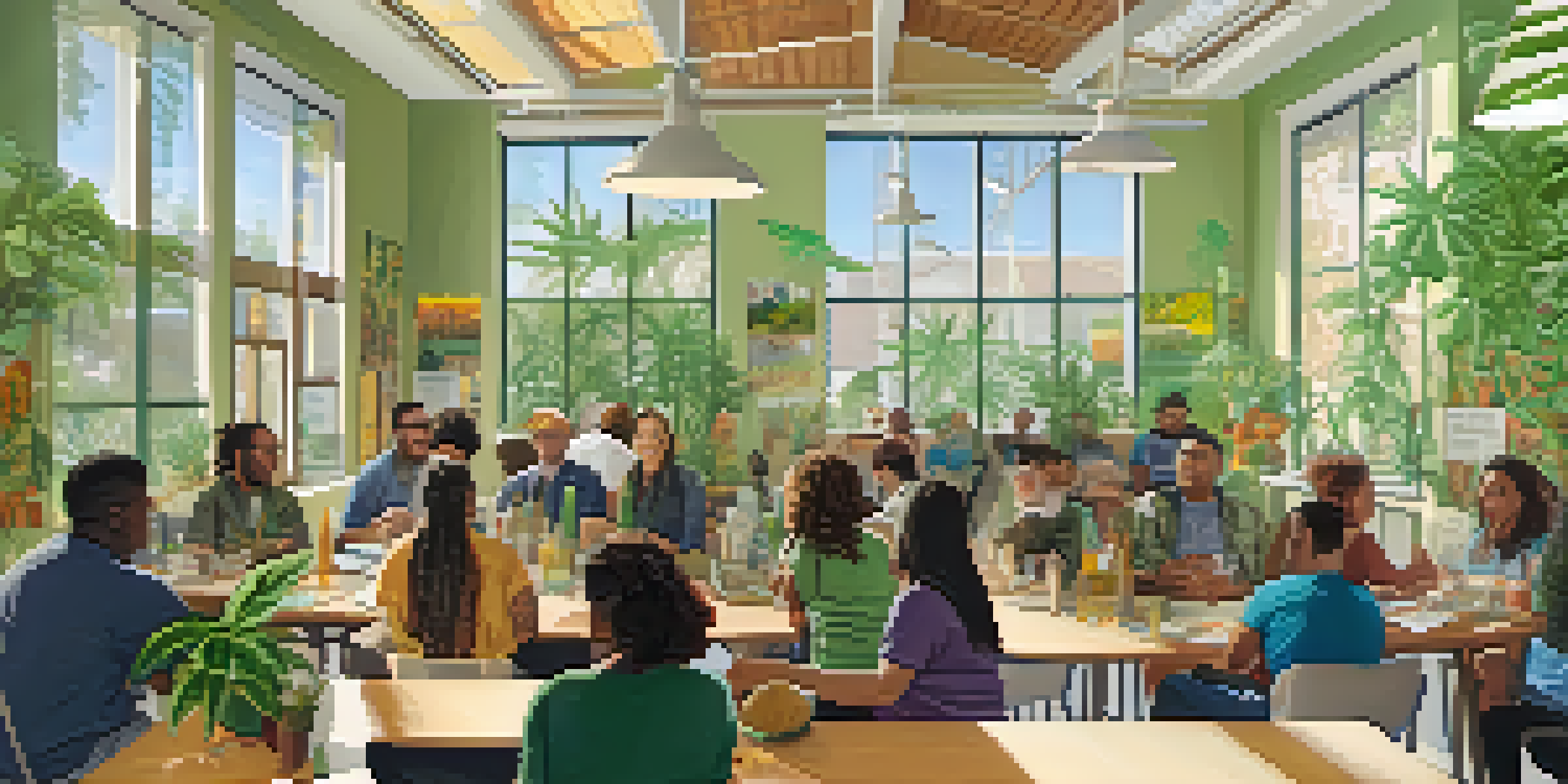 A diverse group of people participating in a marijuana education workshop in a bright community center, surrounded by informative materials and plants.