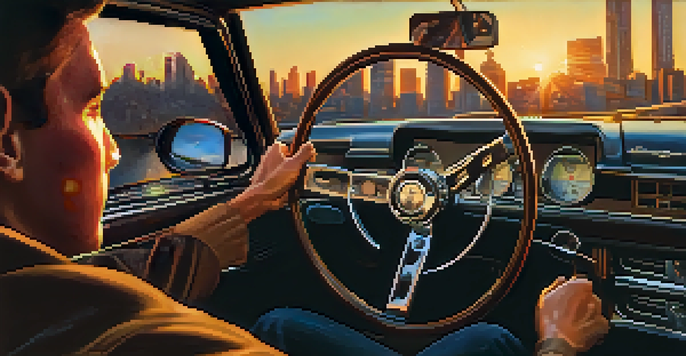 A close-up of a driver's hands on the steering wheel with a blurred city background at sunset, showing a focused expression.