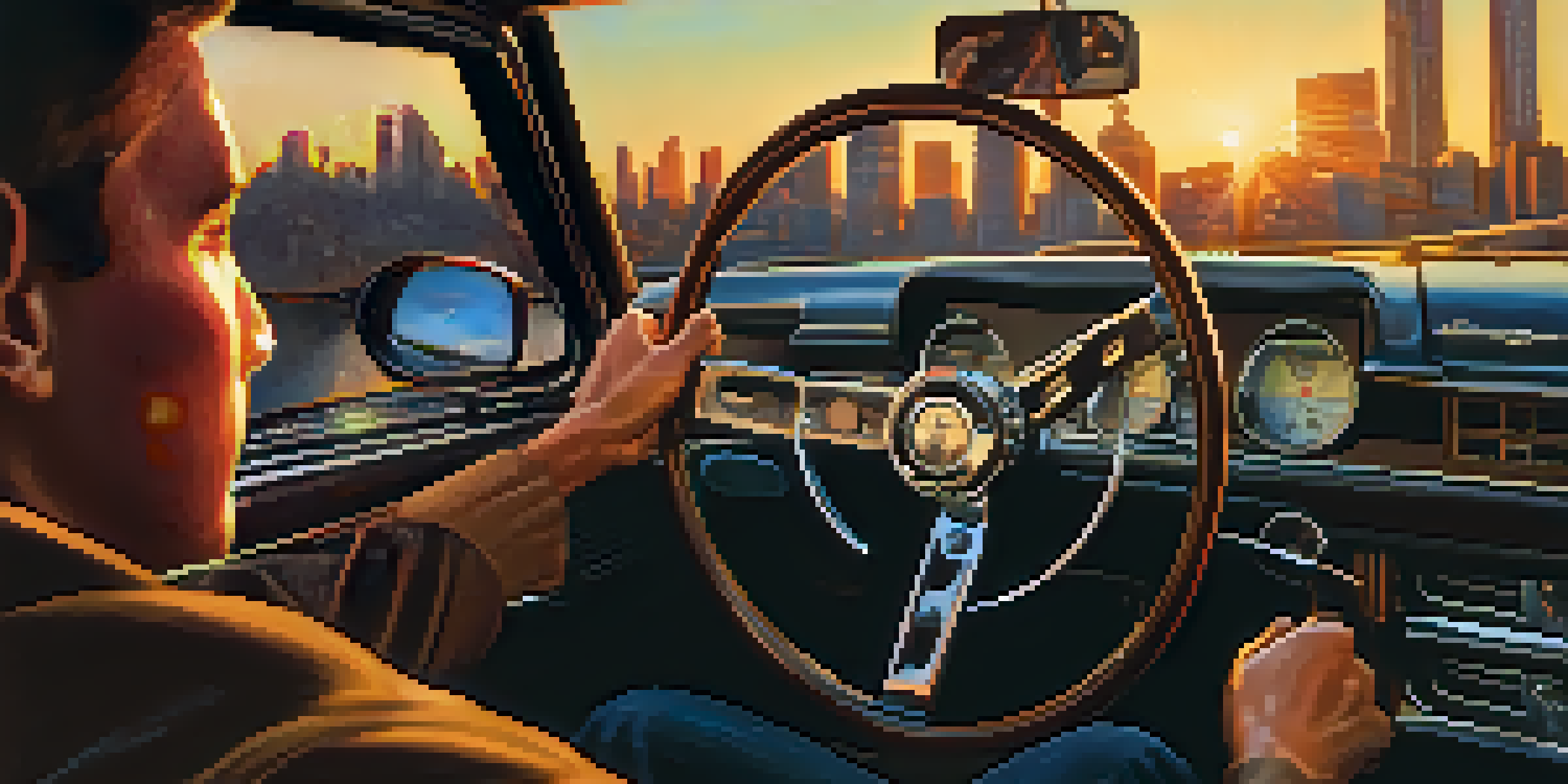 A close-up of a driver's hands on the steering wheel with a blurred city background at sunset, showing a focused expression.