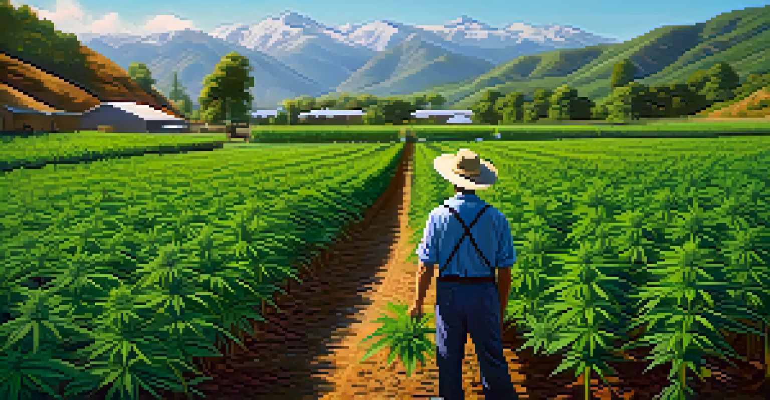 Outdoor cannabis farm with rows of green plants and a farmer inspecting the crops under a blue sky.
