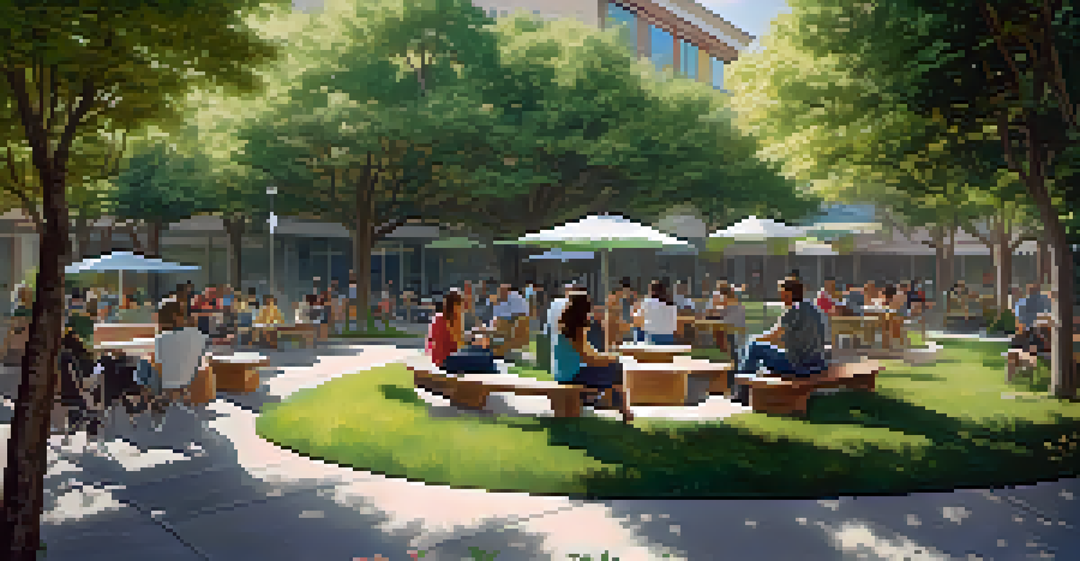 An outdoor safe consumption space with people seated in groups, surrounded by greenery and murals, under the supervision of staff.