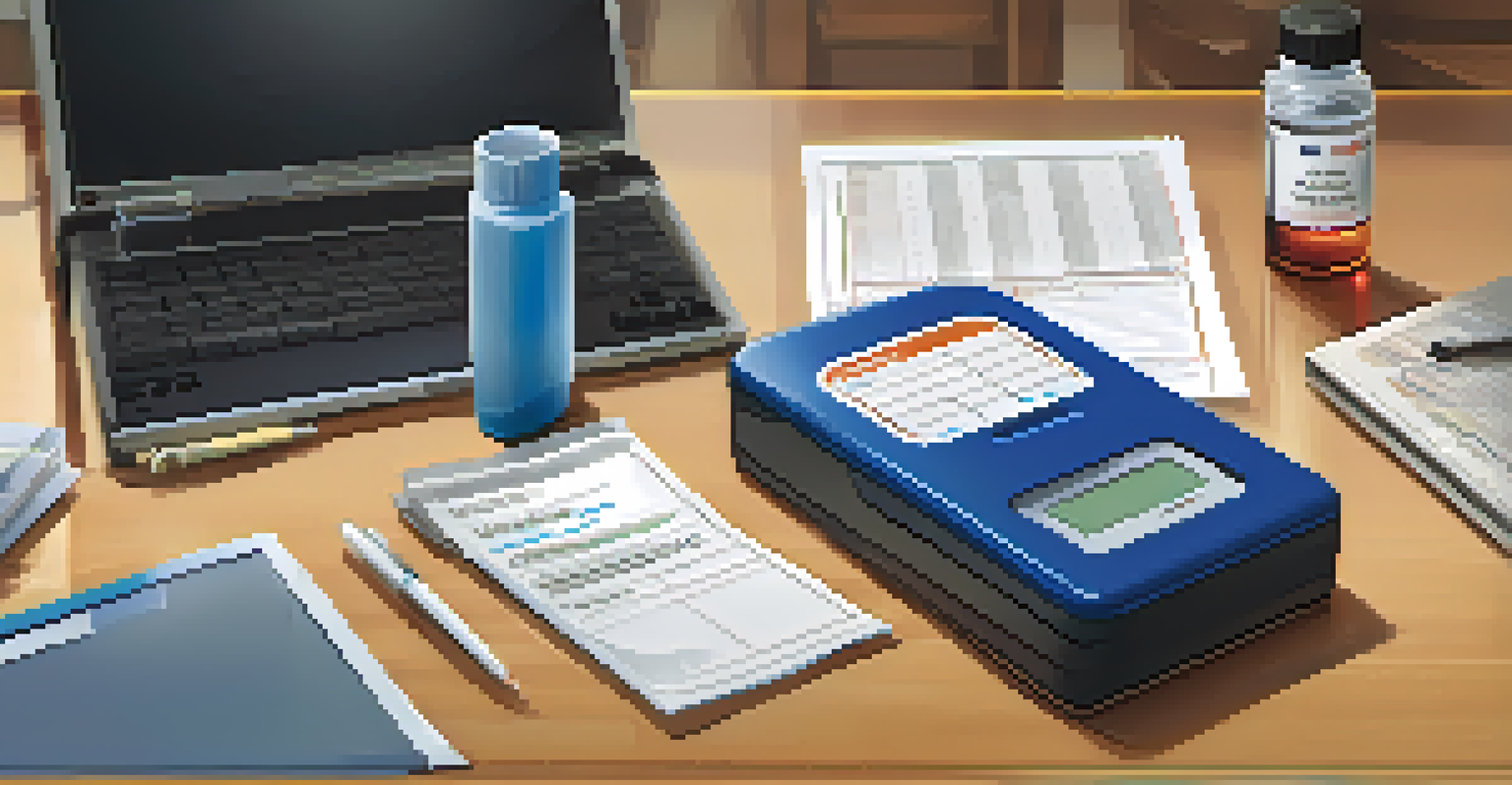 A close-up view of a drug testing kit on a desk, with a laptop and notepad in the background, showcasing a clean and professional workspace.