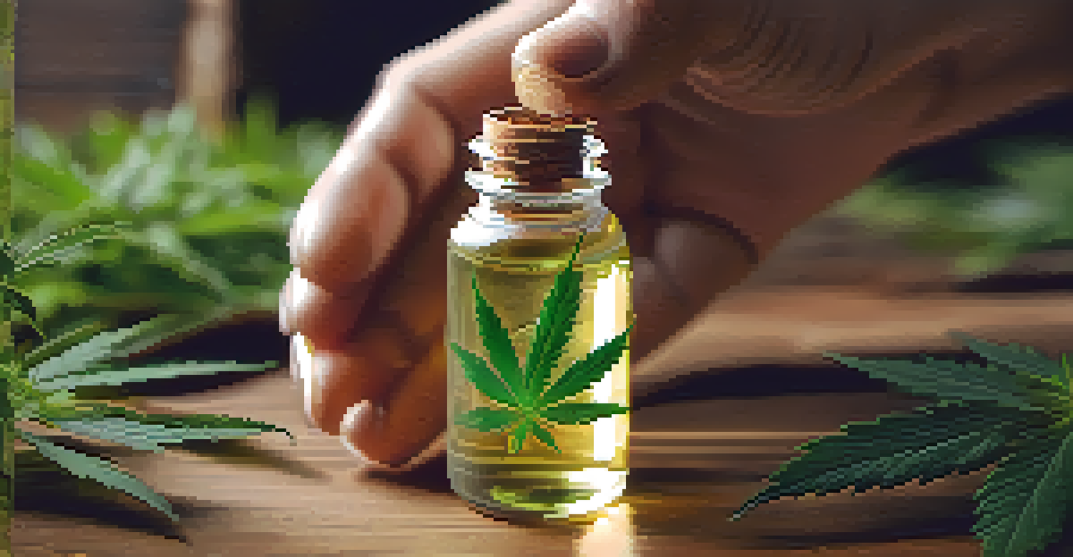 A close-up of a hand holding a bottle of CBD oil on a wooden table, with green cannabis leaves around it, illuminated by warm natural light.