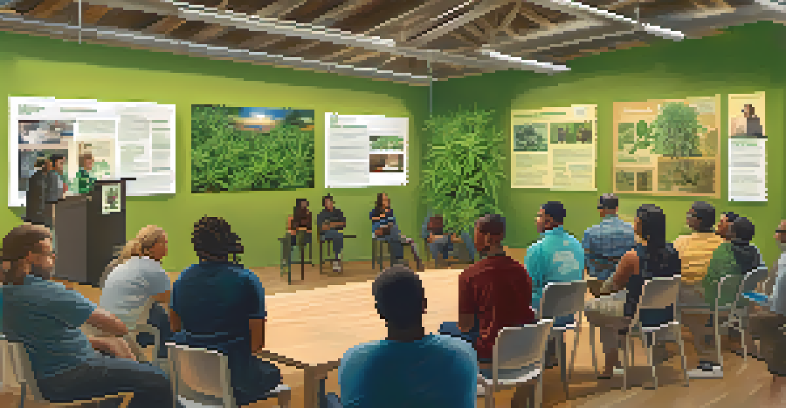 An educational workshop on marijuana benefits, with attendees listening to a speaker in a community center.