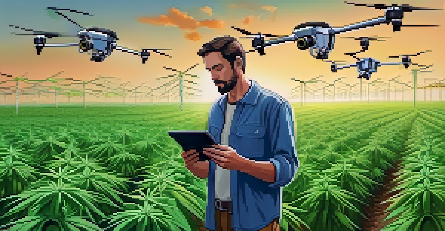 A farmer analyzing drone data on a tablet in a cannabis field, with rows of plants in the background.