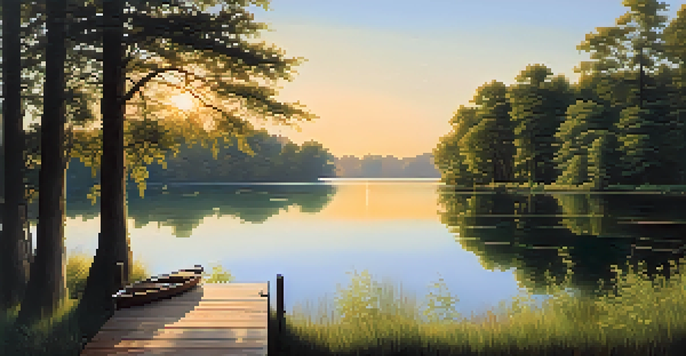 A calm lake surrounded by green trees and a sunset sky, with a wooden dock extending into the water.