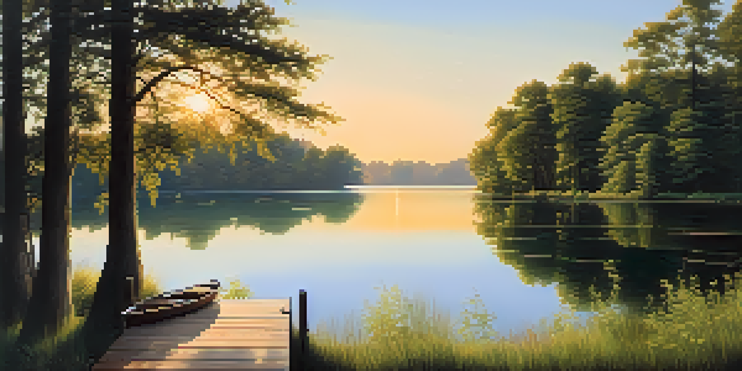 A calm lake surrounded by green trees and a sunset sky, with a wooden dock extending into the water.