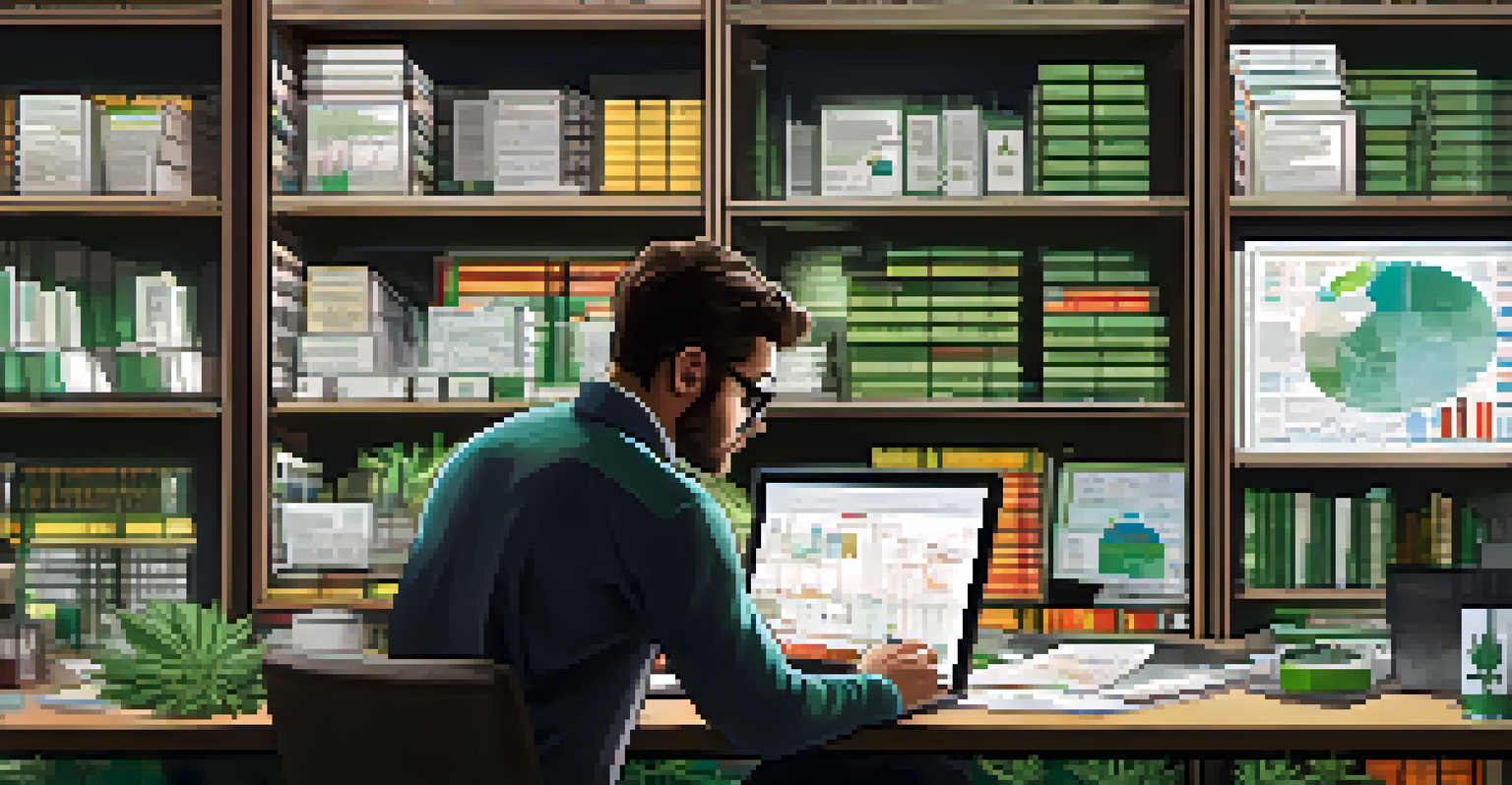 A researcher closely examining data on a laptop, with charts and graphs about marijuana use, surrounded by research papers and books, under warm desk light.
