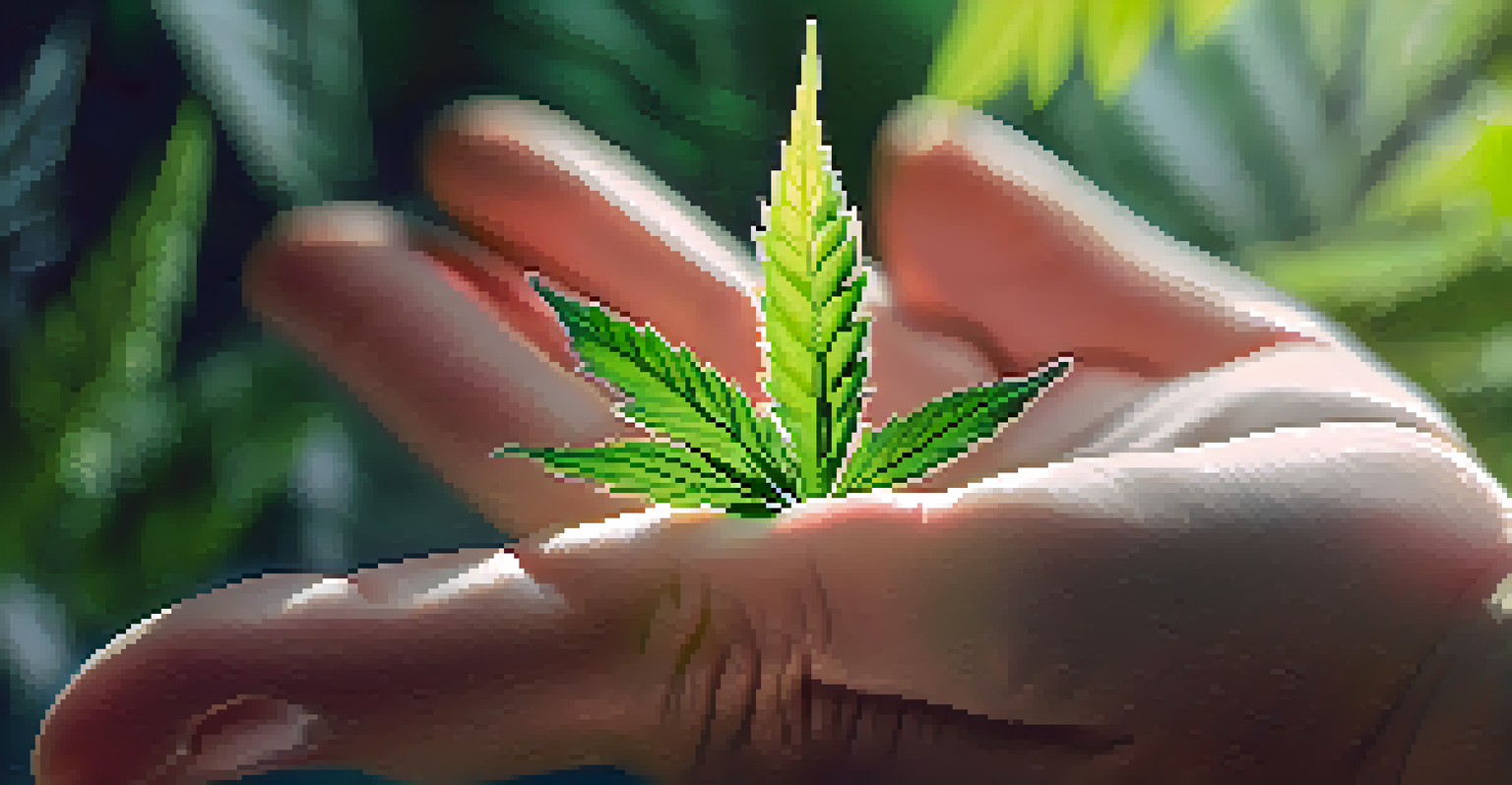 A close-up of a hand holding a cannabis leaf in a serene garden, highlighting its details and vibrant color.
