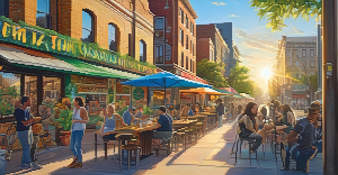 A picturesque cannabis-friendly city with colorful street art and people enjoying outdoor cafes during golden hour.