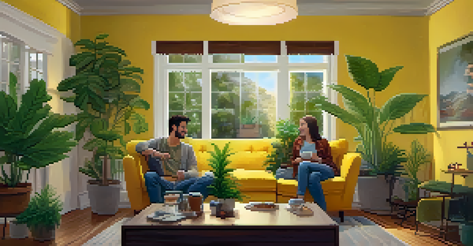 A cozy living room with friends enjoying cannabis edibles together, creating a warm and inviting social atmosphere.