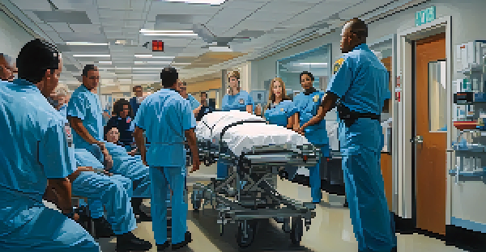 A paramedic attending to a patient in an emergency room, surrounded by medical staff and equipment, highlighting teamwork and urgency.