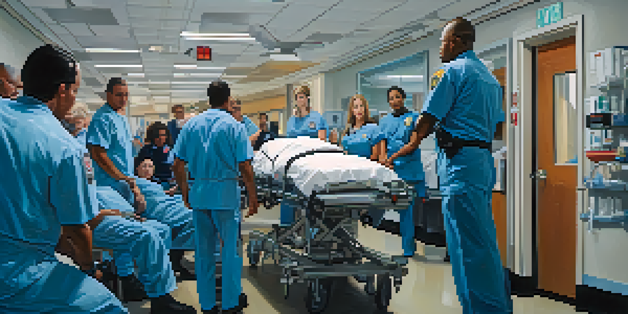 A paramedic attending to a patient in an emergency room, surrounded by medical staff and equipment, highlighting teamwork and urgency.