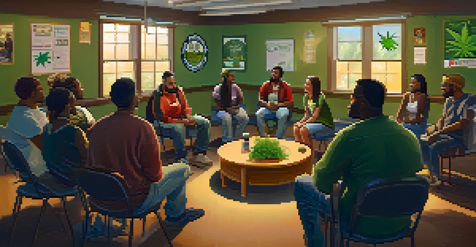 A peer support group meeting in a community center, individuals sharing experiences about marijuana use, cozy and supportive environment.
