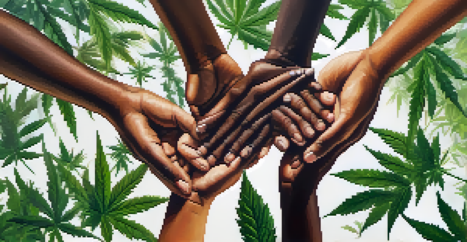 A close-up of diverse hands painted in colors joined together, symbolizing unity and social justice with marijuana leaves in the background.