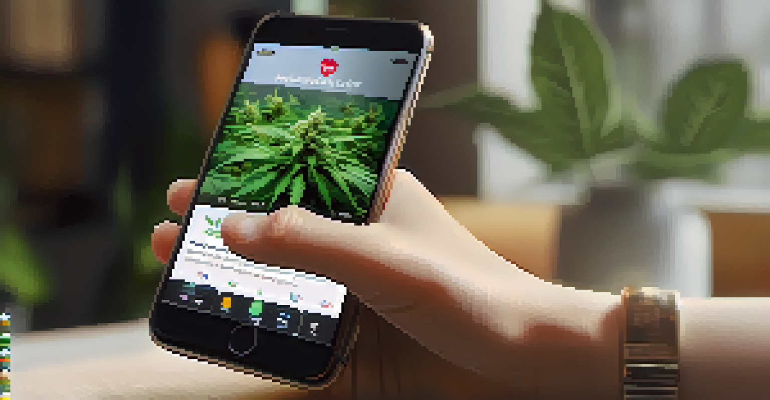 A close-up of a hand holding a smartphone showing a social media campaign for marijuana legalization, set in a cozy living room.