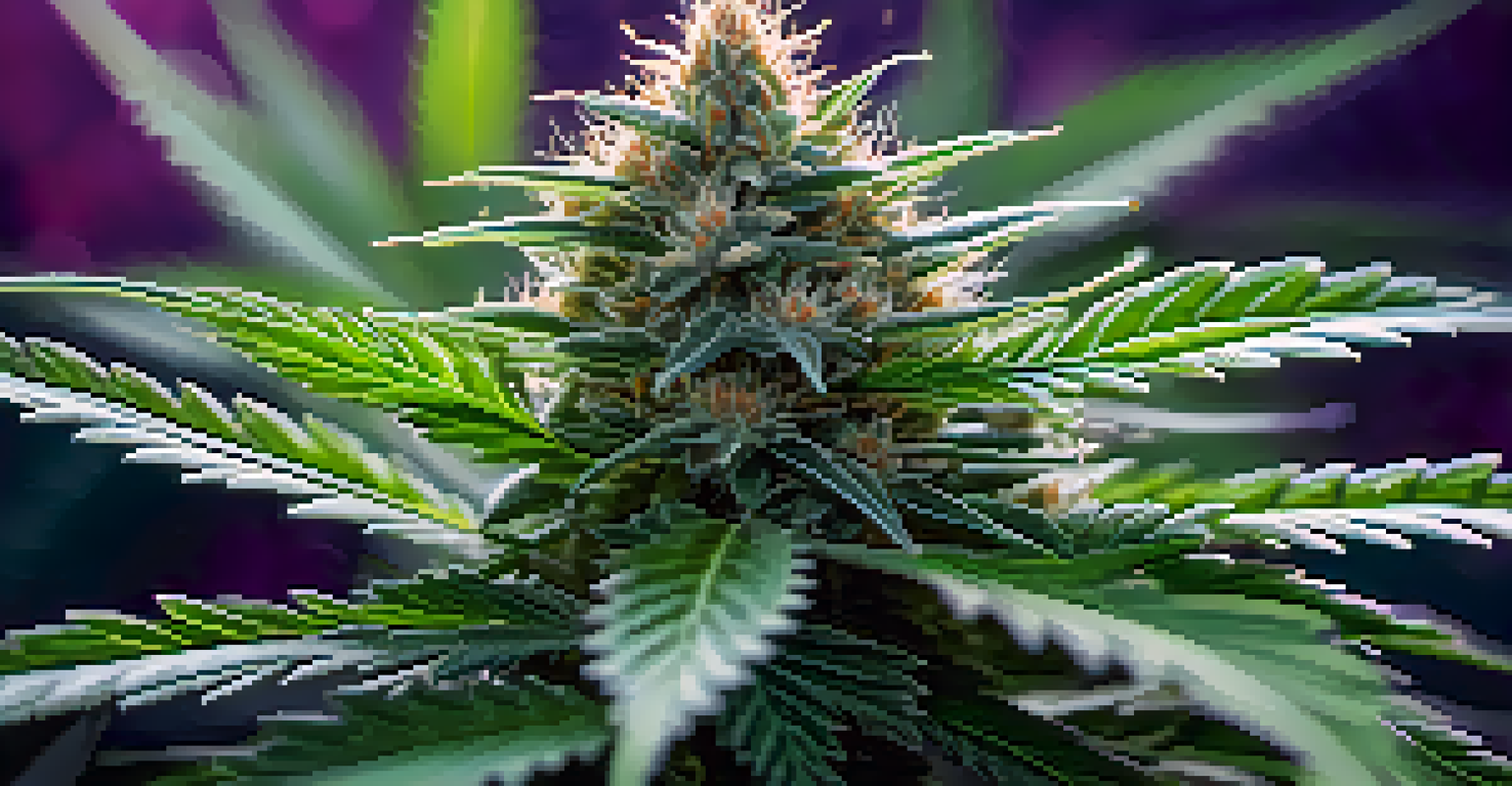 A close-up of a cannabis plant with glistening trichomes and rich green and purple leaves, softly blurred background.