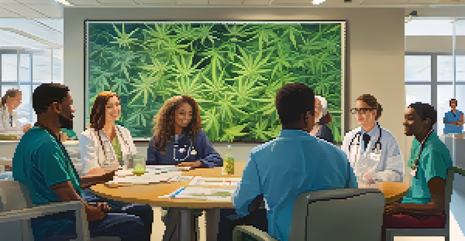 A disabled individual in a clinic discussing medical marijuana with healthcare providers.
