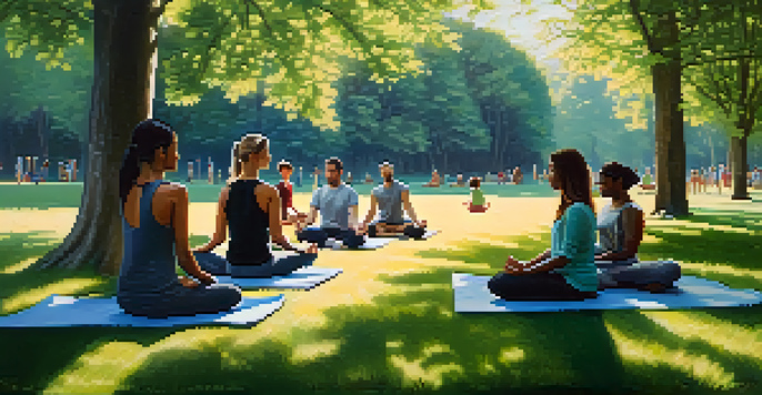 A diverse group of people meditating in a peaceful park under soft morning light.