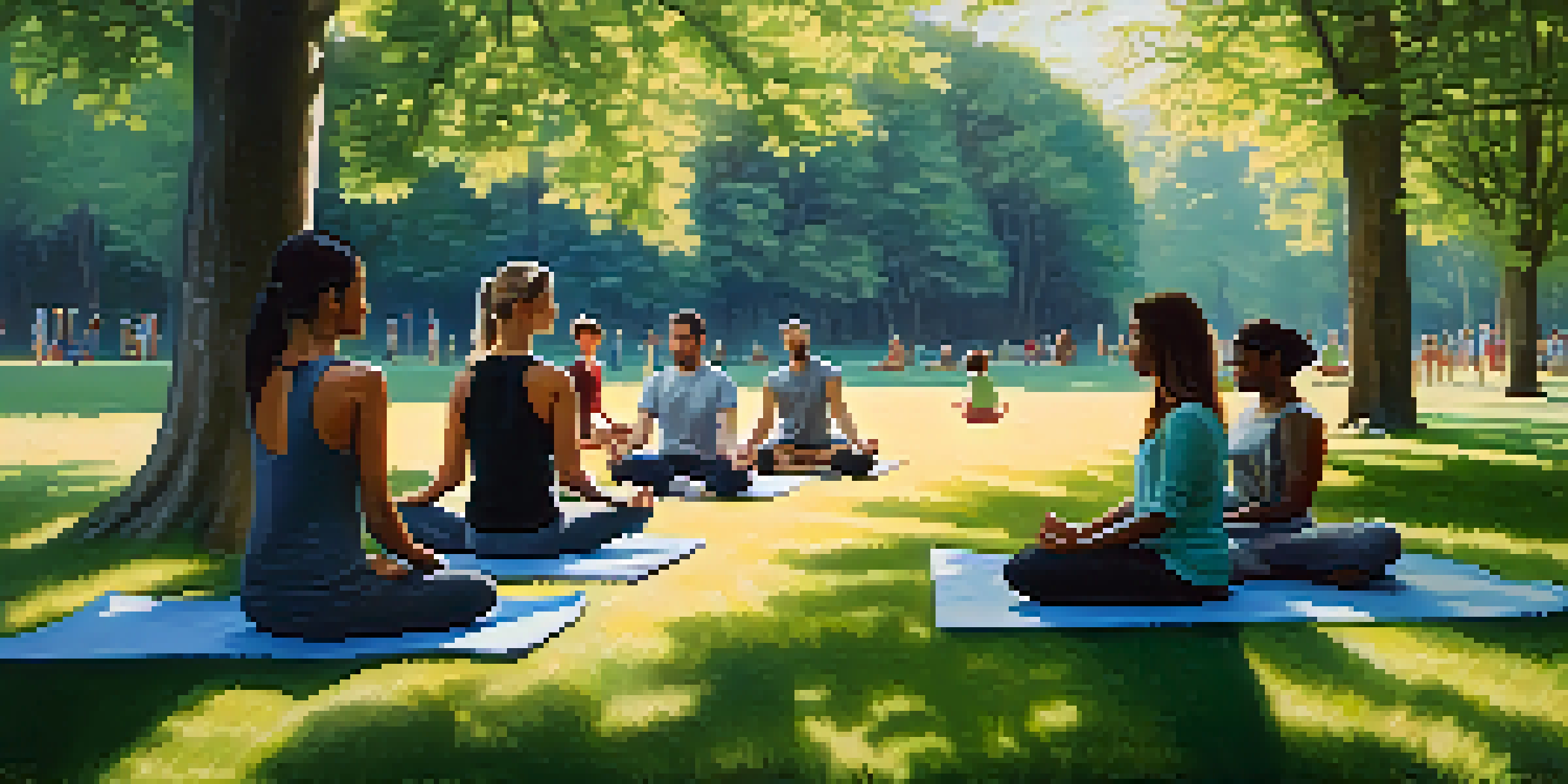 A diverse group of people meditating in a peaceful park under soft morning light.