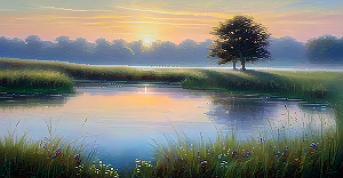 A tranquil meadow at sunrise, featuring dew-covered grass, colorful wildflowers, and a reflective pond under a pastel sky.