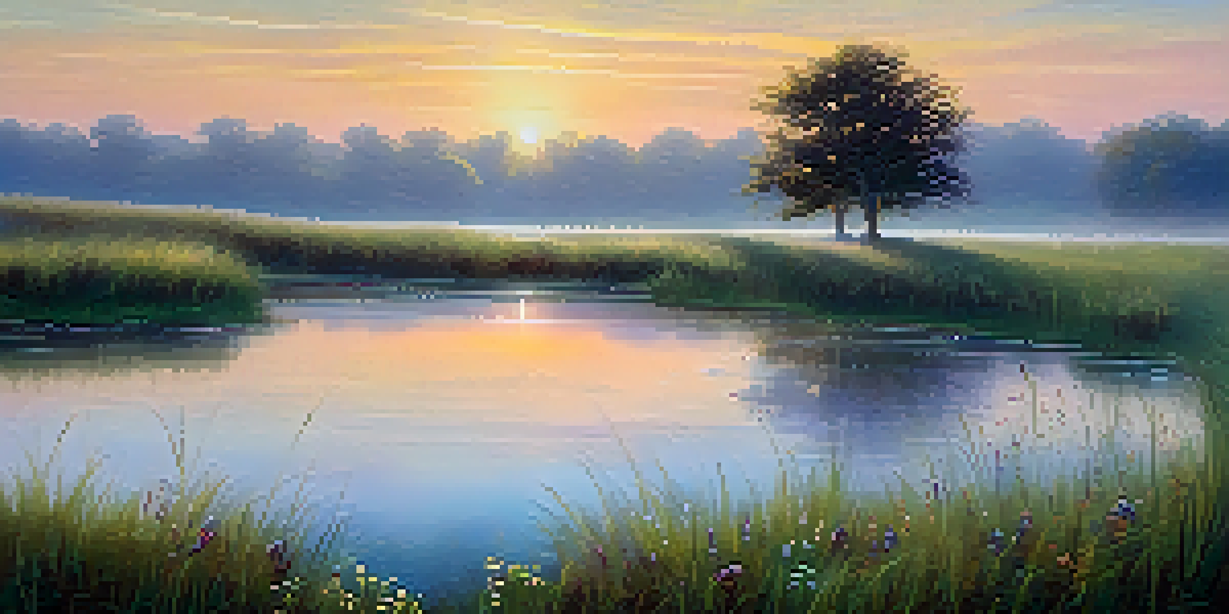 A tranquil meadow at sunrise, featuring dew-covered grass, colorful wildflowers, and a reflective pond under a pastel sky.